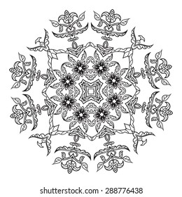 Hand drawing zentangle element. Italian majolica style Black and white. Flower mandala. Vector illustration. The best for your design, textiles, posters, tattoos, corporate identity
