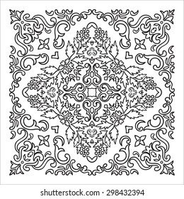 Hand drawing zentangle element. Italian majolica style Black and white. Flower mandala. Vector illustration. The best for your design, textiles, posters, tattoos, corporate identity