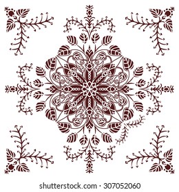 Hand drawing zentangle element in marsala color. Flower mandala. Vector illustration. The best for your design, textiles, posters, tattoos, corporate identity