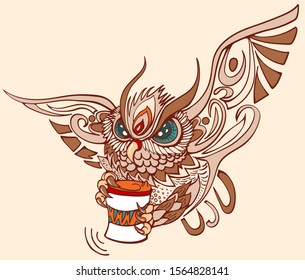 hand drawing Zentangle owl flying with a cup of coffee in its paws. Colorful illustration.