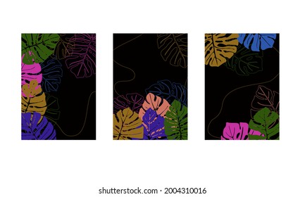 Hand drawings of bright colored tropical monstera leaves for banners, stickers, business cards with . Isolated vector illustration set.