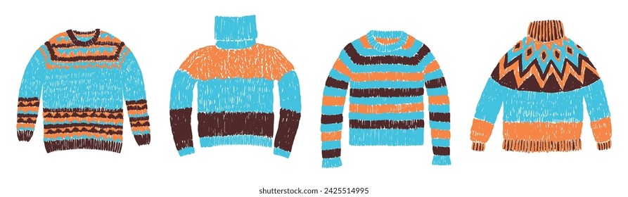 Hand drawings of collection various knitted wool warm sweaters for cold weather, vector illustration isolated on white