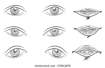 Hand Drawings of Different Types of Eyes and Lips. Sketch Style. Vector Illustration.