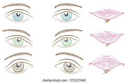 Hand Drawings of Different Types of Eyes and Lips. Blue, Green and Brown Eyes and Pink Lips. Sketch Style.  Vector Illustration.