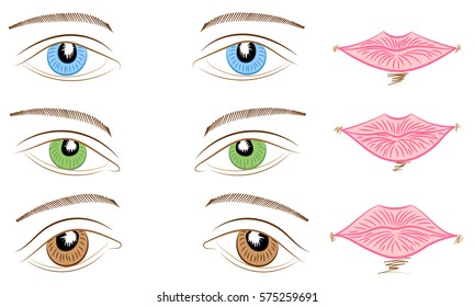 Hand Drawings of Different Types of Eyes and Lips. Blue, Green and Brown Eyes and Pink Lips.  Vector Illustration.