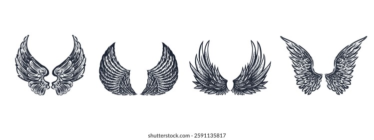 Hand drawings of four pairs various mythological angel wings, vector sketches isolated on white