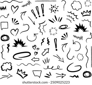 Hand drawings, hearts, symbols, elements for Valentine's Day, romantic design, cheerful, happiness, flowers, arrows, curls, crowns, waves, lines, circles, clouds