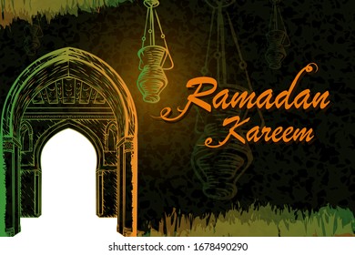 Hand drawings of mosque aisles and lanterns, black shades. Dark nuance. Ramadan theme. Kareen's Ramadan is dark.