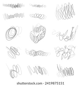 Hand drawings. Paint brushes. Set of vector doodles. Children's drawing. Hand draws calligraphic curls. Shaped brush strokes