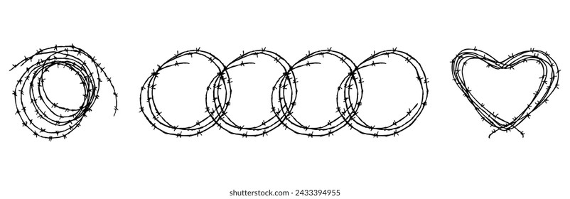 Hand drawings of set coils of barbed wire, black and white vector illustration isolated on white