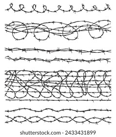 Hand drawings of set different barbed wire, curve,twisted, black and white vector illustration isolated on white