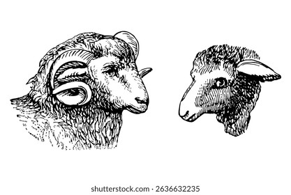 Hand drawings of sheep and ram heads, farm animals, vector illustration isolated on white