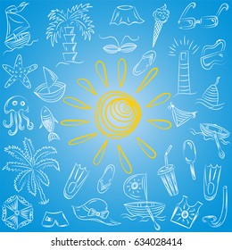 Hand Drawings of Summer Symbols. Children Drawings of Boats, Ice cream, Palms, Hat, Umbrella, Jellyfish, Cocktail, Sun on Blue. Vector Illustration.