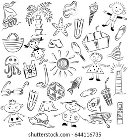 Hand Drawings of Summer Vacancies Symbols. Doodle Boats, Ice cream, Palms, Hat, Umbrella, Jellyfish, Cocktail, Sun and Kids.. Vector Illustration.