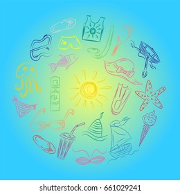 Hand Drawings of Summer Vacancies Symbols. Colorful Doodle Boats, Ice cream, Palms, Hat, Umbrella, Jellyfish, Cocktail, Sun Arranged in a Circle on Blue. Vector Illustration.