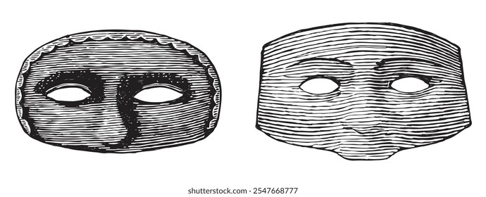 Desenhos de mão de duas máscaras humanas abstratas vintage, ilustração vetorial isolada no branco