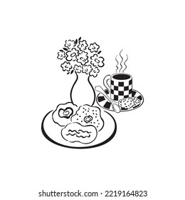 Hand Drawings Of Vector Stovetop Coffee Cup And Vase With Flowers