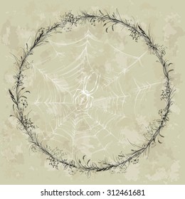 Hand drawing,spider on the web.Vector illustration. Wreath: grass,herbal spike, mistletoe, seeds, twigs and berries.