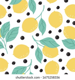 Hand drawl summer print with Lemon. Vector Lemon print for fabric or wallpaper. Seamless pattern with yellow lemon