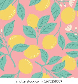 Dibujo manual de verano con limón. Impresión vectorial de limón para tela o papel pintado. Patrón sin soldadura con limón amarillo