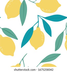 Hand drawl summer print with Lemon. Vector Lemon print for fabric or wallpaper. Seamless pattern with yellow lemon