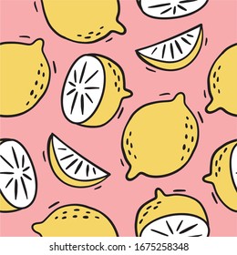 Hand drawl summer print with Lemon. Vector Lemon print for fabric or wallpaper. Seamless pattern with yellow lemon