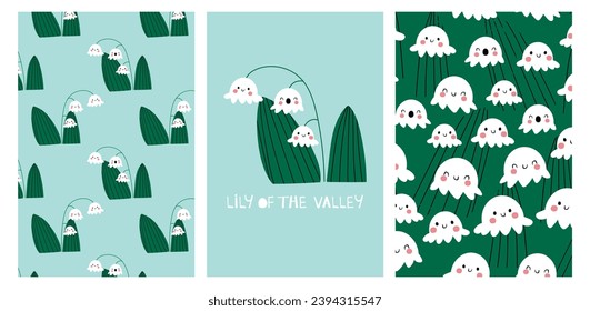 Hand drawl summer print and patterns with Lilies of the valley. Vector Flower character. Cute print for fabric or wallpaper.Kids print with  characters for childish clothing, fabrics.  