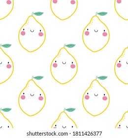 Hand drawl summer seamless pattern with Lemon. Vector Lemon - character. Cute print for fabric or wallpaper. 