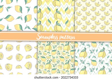 Hand drawl summer set with Lemon. Vector Lemon print for fabric or wallpaper.