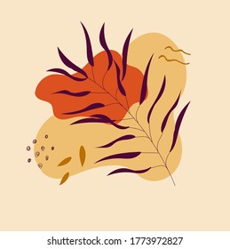 Mano dibuja formas abstractas de primavera estética o verano. Composición botánica de colores cálidos, fondo de collage. Plantilla floral.