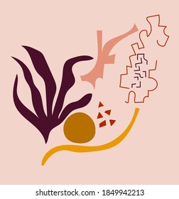 Hand drawm abstract aesthetic spring or summer abstract shapes. Warm colors botanical composition, collage background. Floral template.