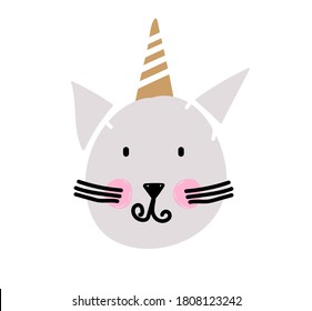 Hand drawm cute cat unicorn face. Funny doodle animal. Little kitten in nursery cartoon style. Good for posters, clothes, cards and stationery.