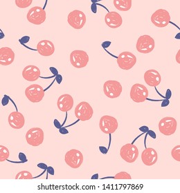 Hand drawm cute seamless pattern with cherry on pink background.