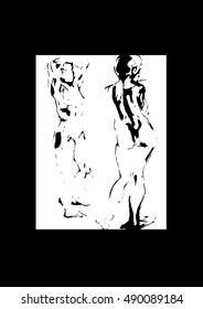 Hand drawm framed sketck in black color of a nude standing women