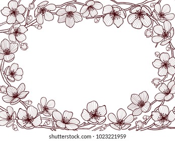 Hand drawm spring card template. Cherry or apple tree blossoms on branches and place for your text in the center. Doodle style vector illustration