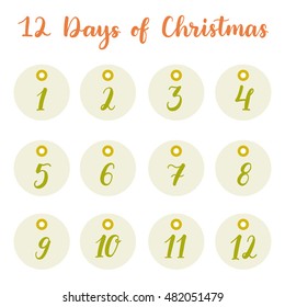 Hand drawn 12 days of Christmas holiday gift tags collection with calligraphy (hand lettering). Set of twelve printable labels on white background.