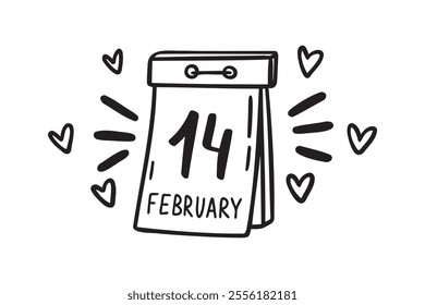 Hand drawn 14 February calendar page of valentines day. Doodle outline isolated design element for greeting cards. Vector illustration