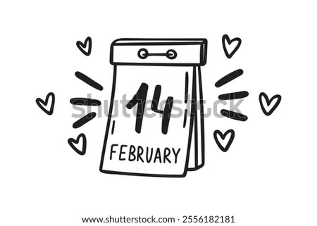 Hand drawn 14 February calendar page of valentines day. Doodle outline isolated design element for greeting cards. Vector illustration