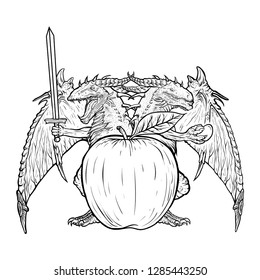 Hand drawn of 2 dragon with apple