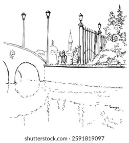 Hand drawn 2 young sad mate tourist feel look sea view sketch art. Relax boy guy feel joy meet wed lady pair talk wife old antique retro town fence lamp spring tourism autumn nature ancient rest sky