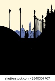 Hand drawn 2 young sad mate tourist feel look sea view sketch art. Relax boy guy feel joy meet wed lady pair talk wife old antique retro town fence lamp spring tourism autumn nature ancient rest sky