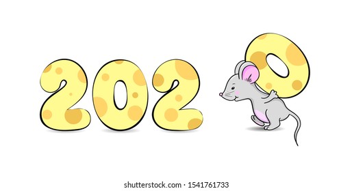 Hand drawn 2020 with a mouse that holds a number. Cute cartoon illustration for chinese new year isolated on white.