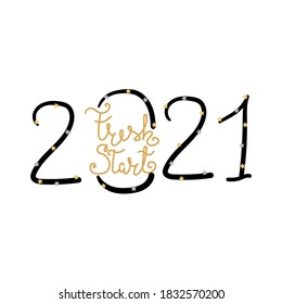 Dibujo manual 2021 con texto Nuevo inicio. Año Nuevo, concepto de Navidad. Ilustración plana.
