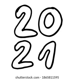 Hand drawn 2021 year number. Handwritten isolated lettering text. Design element for New Year banner, poster, invitation, greeting card.