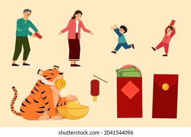 Hand drawn 2022 CNY elements. Illustration of Asian family members, a tiger biting gold coin, and red envelopes with lucky money