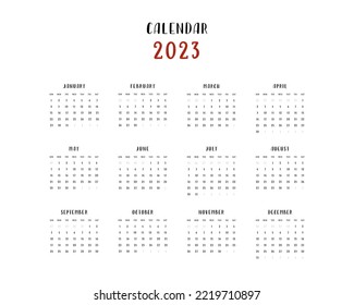Hand drawn 2023 calendar template in english. Vector illustration