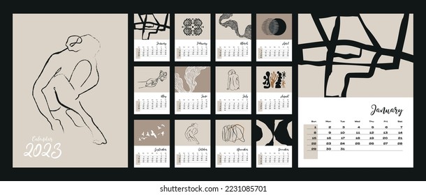 Hand drawn 2023 monthly calendar template