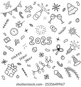 Dibujado a mano 2025 año Nuevo doodle colección con diferentes Elementos: banderas, vasos, champán, copos de nieve, árbol de Navidad, petardo, regalo, guirnalda y otras decoraciones. Ilustración vectorial. 