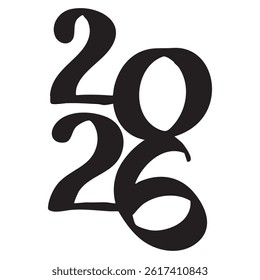 Hand Drawn 2026 Year Lettering Design. Vector Art.