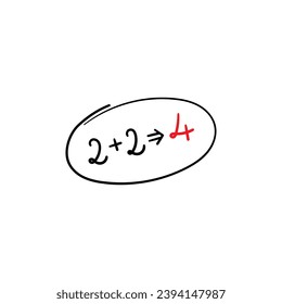 hand drawn 2+2=4 operation. scribble 2+2=4 operation